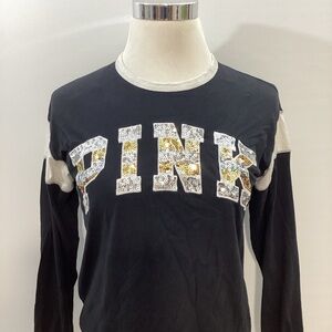 PINK Victoria's Secret Black and White Sequins Logo Gold Long Sleeve Tee Size S